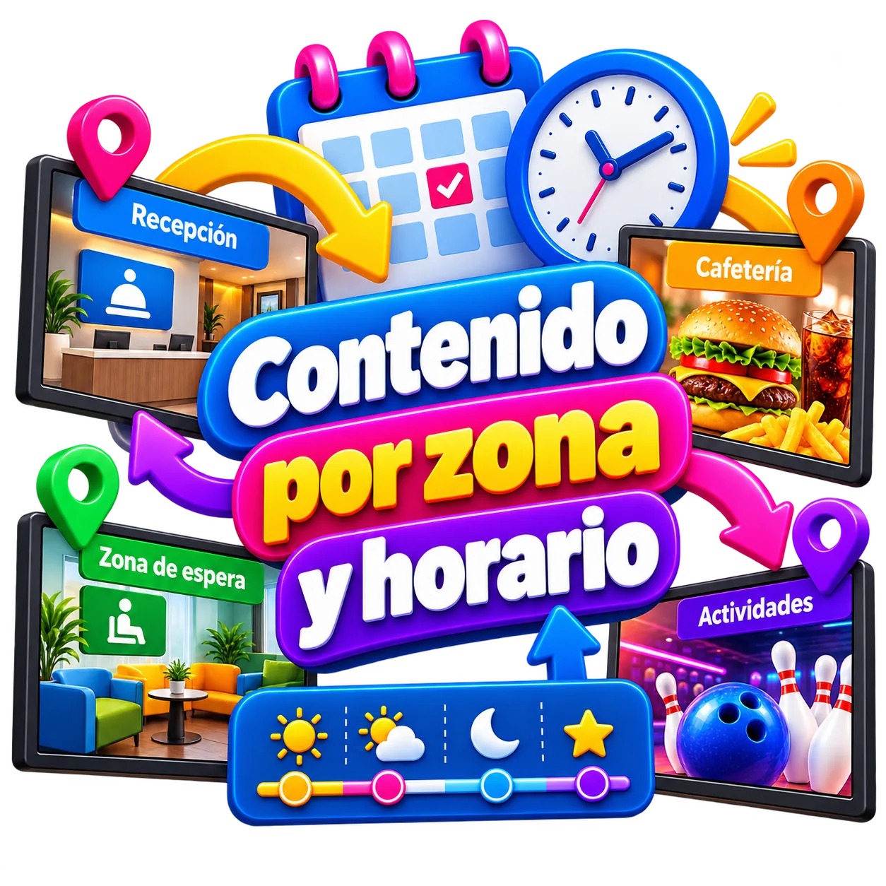 Pantallas en centro de ocio con contenido distinto por zona y horario
