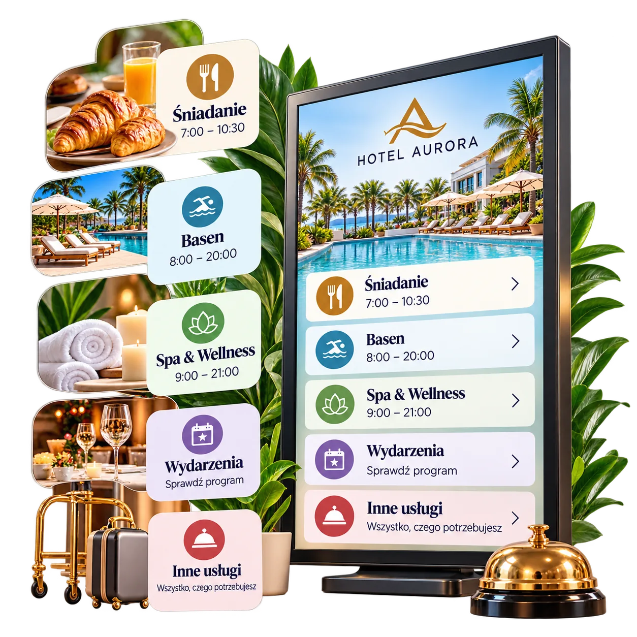 Placeholder ekranu informacji dla gości w lobby hotelu