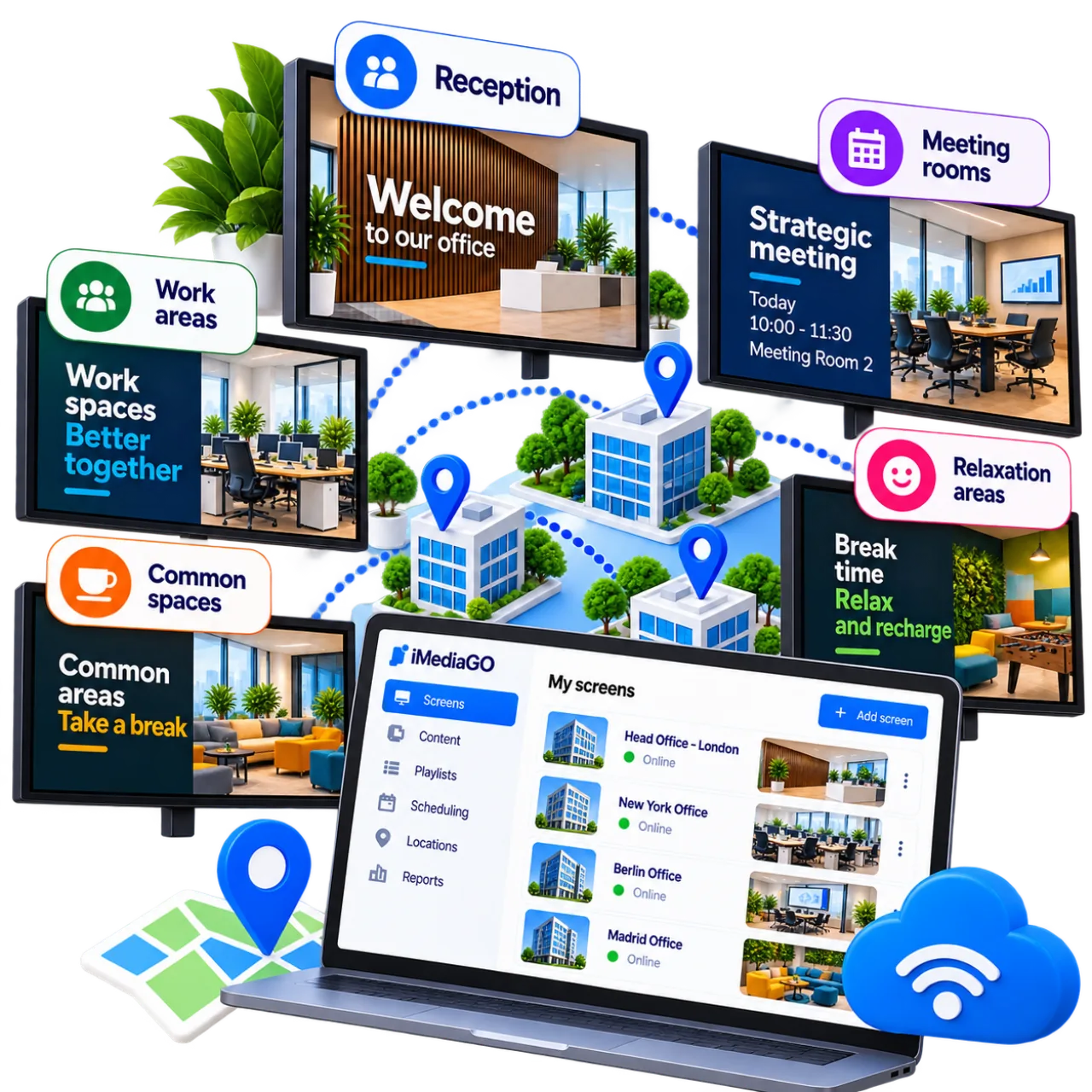 Office multi-location screens management placeholder