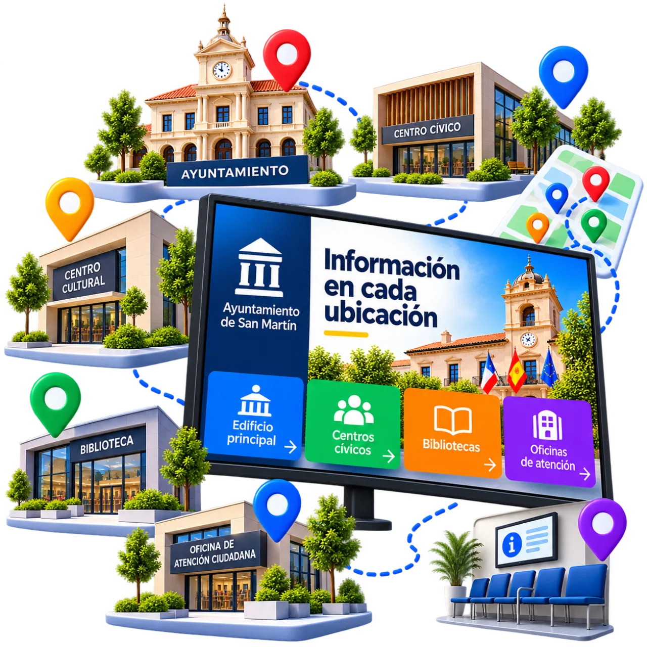 Screens managed across multiple public buildings or campus locations