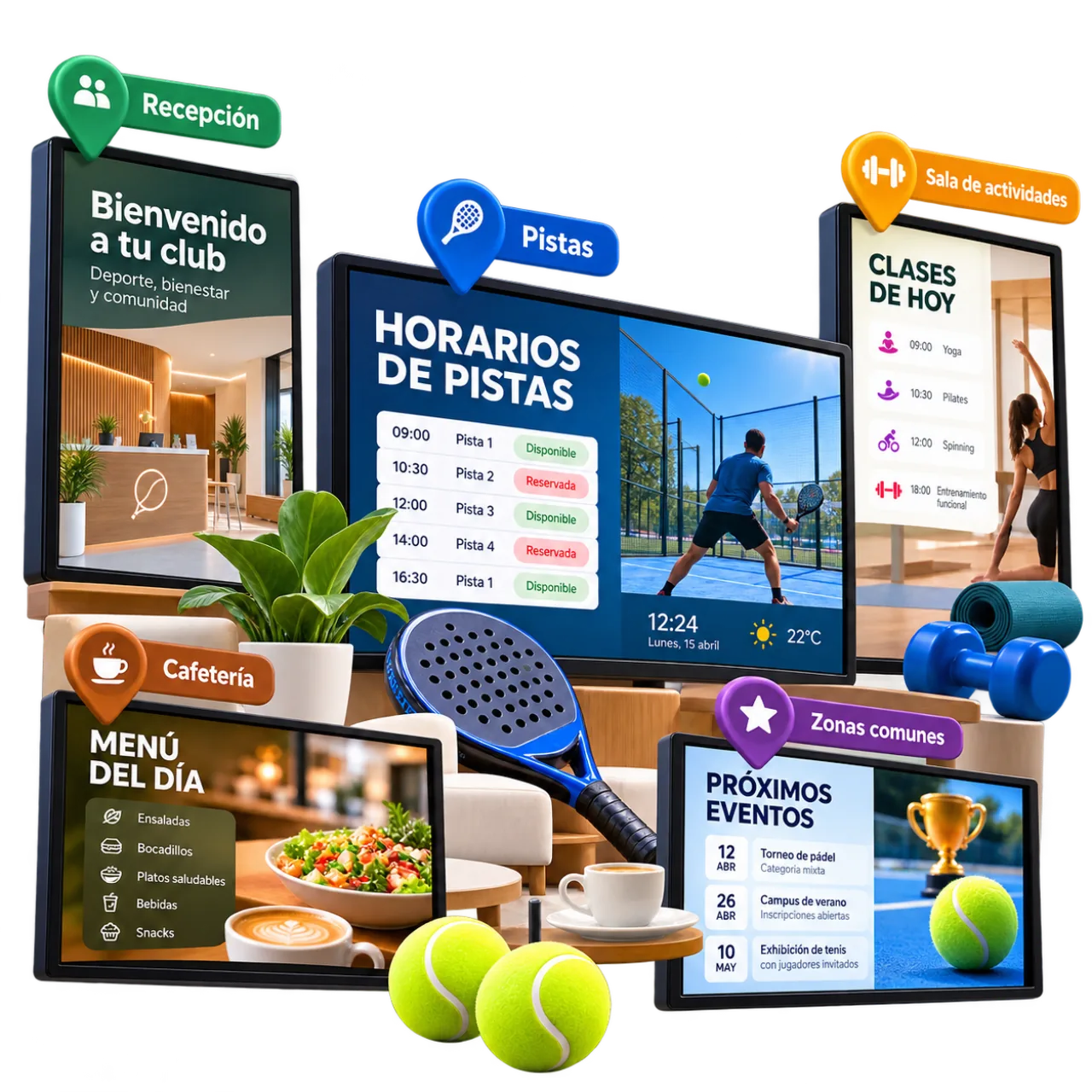 Pantallas digitales en las instalaciones de un club deportivo