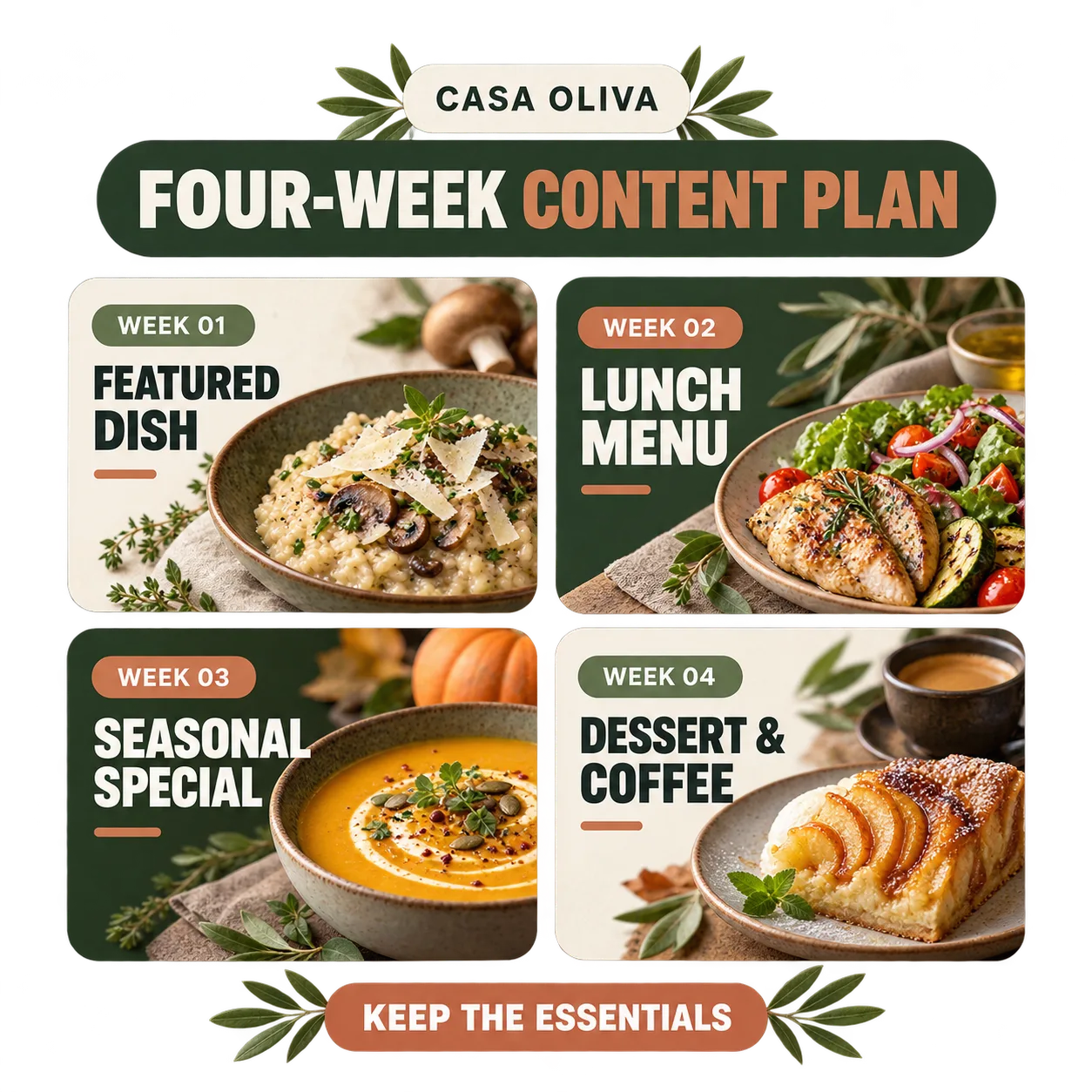 Vierwöchiger Redaktionsplan von CASA OLIVA mit Pilzrisotto und Parmesan, Mittagsmenü, Kürbiscremesuppe sowie Apfelkuchen mit Kaffee.
