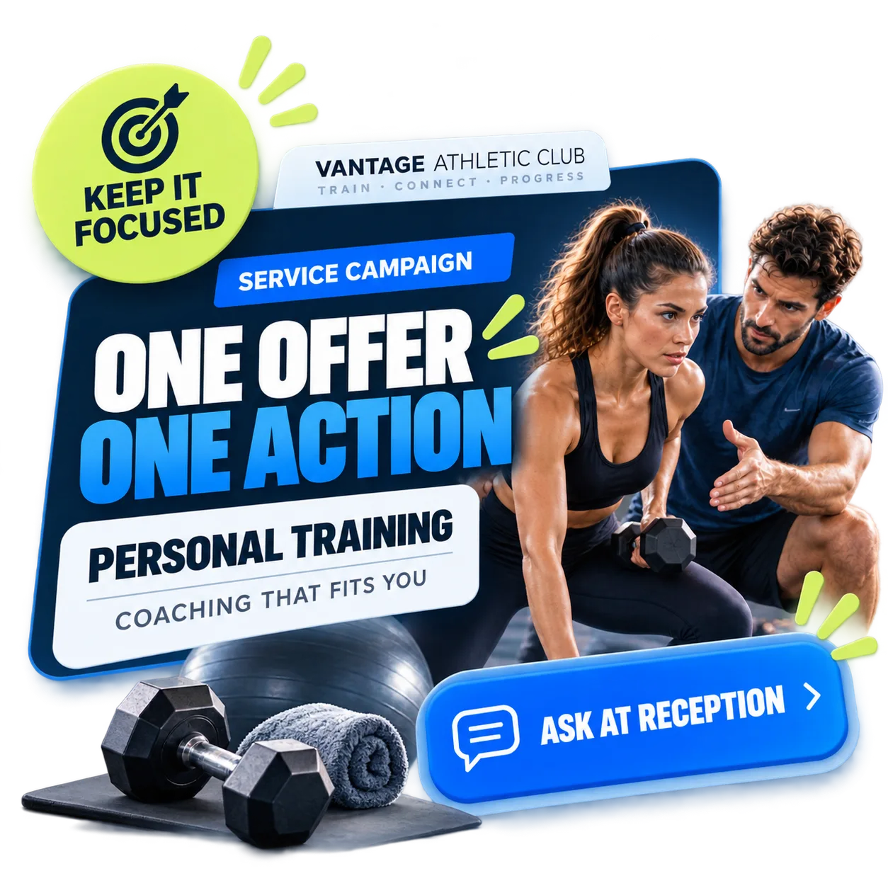 Werbekampagne für Personal Training mit klarem Nutzenversprechen und einer Aufforderung, weitere Informationen anzufordern.