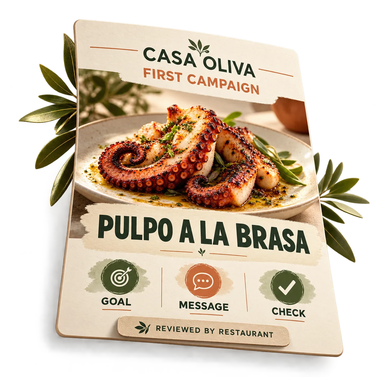 Redaktionelles Beispiel für die erste Kampagne von CASA OLIVA zum Gericht Pulpo a la brasa mit dem Namen des Gerichts und einer schlichten gastronomischen Bildgestaltung.