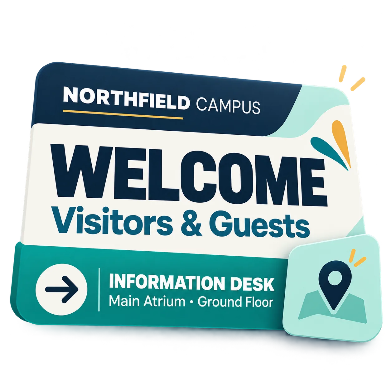 Redaktionelles Beispiel einer digitalen Willkommensanzeige von NORTHFIELD CAMPUS mit Begrüßung und Wegweiser zur Informationsstelle.