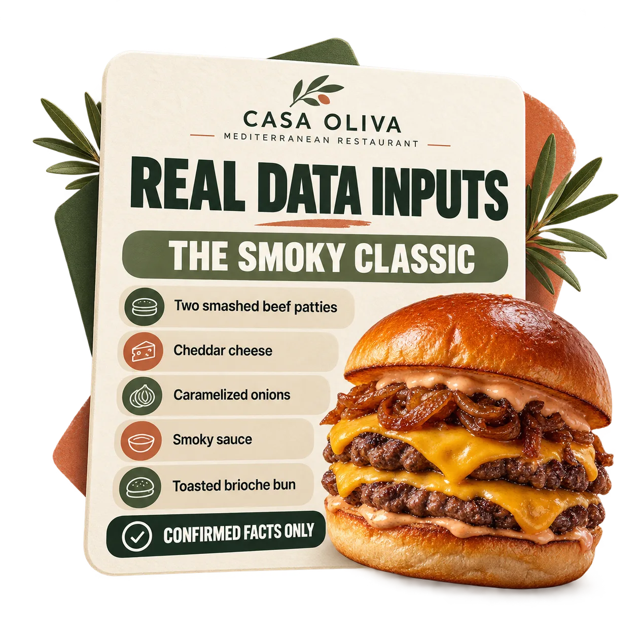 Redaktionelles Datenblatt von CASA OLIVA mit bestätigten Zutaten des Burgers La Clásica Ahumada und Hinweisen zur Erstellung von KI-gestützten Werbetexten.