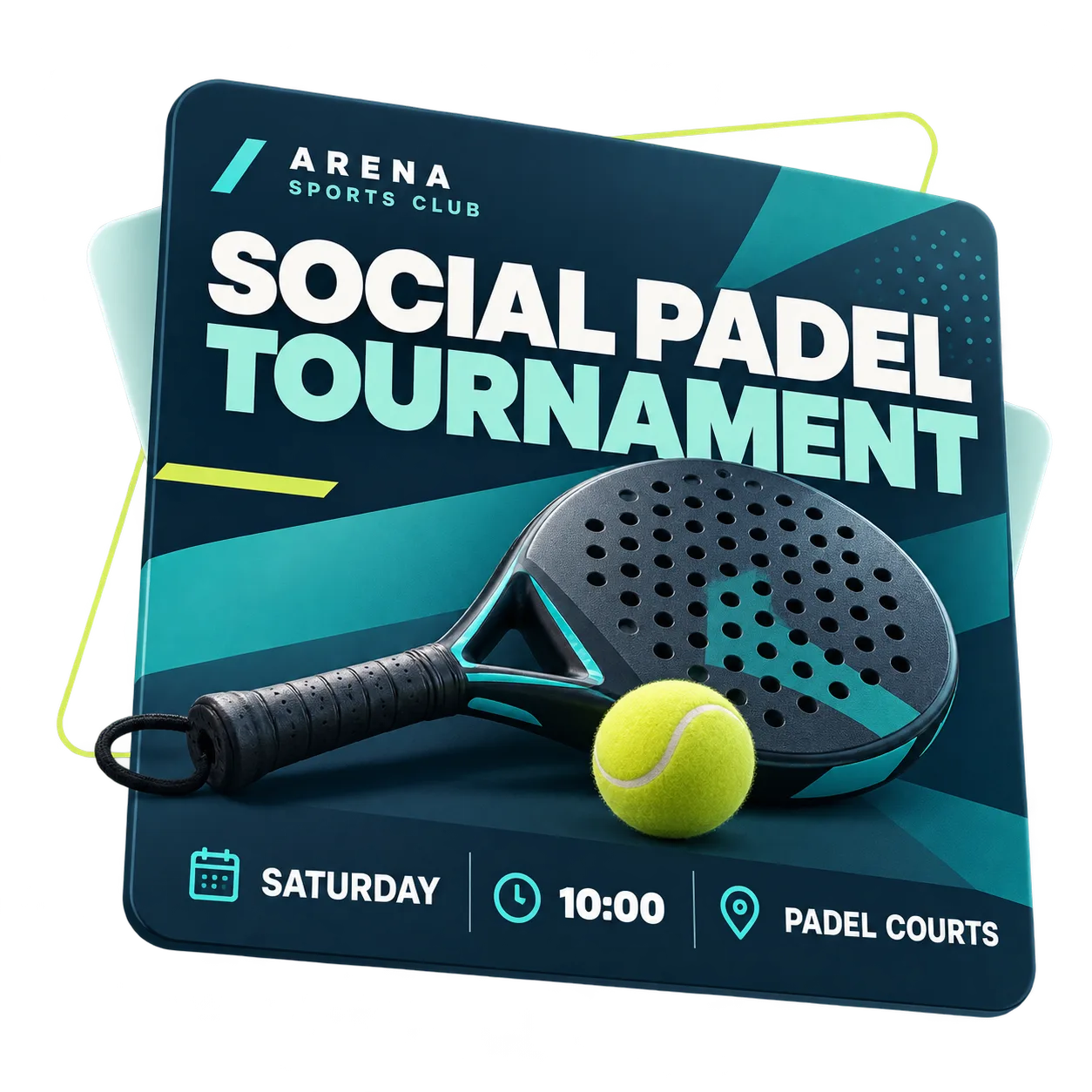 Ankündigung eines Padel-Freizeitturniers von Arena Sports Club mit Datum und Informationen zur Teilnahme.