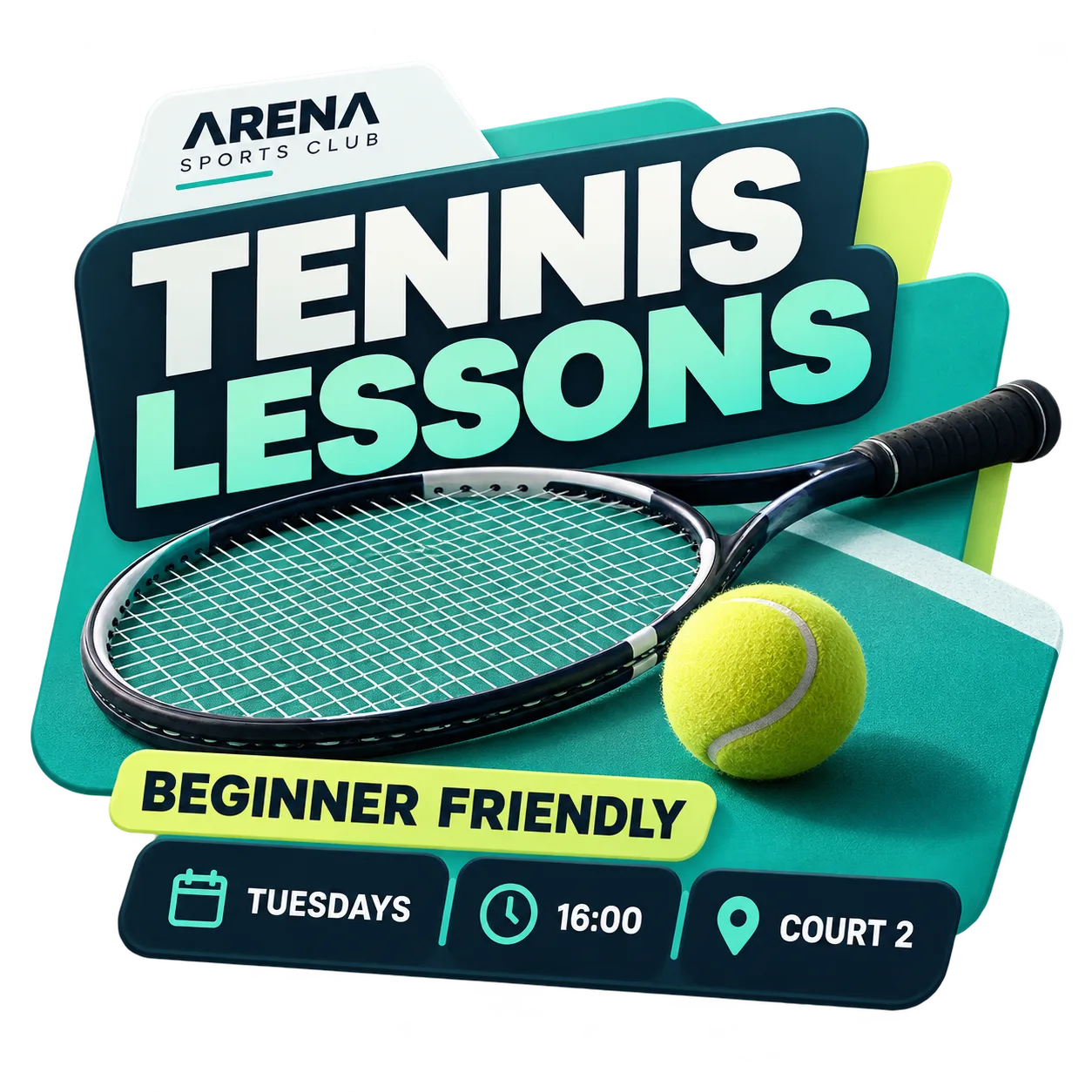 Werbeinhalte für Tenniskurse von Arena Sports Club mit den wichtigsten Informationen zum Kursangebot.