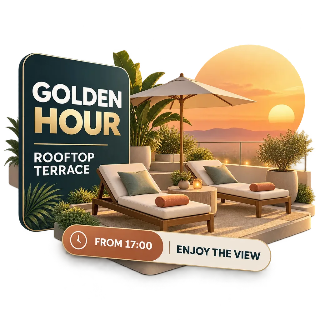 Redaktionelles Motiv einer Hotelterrasse bei Sonnenuntergang, das ein Erlebnis für den Nachmittag präsentiert.