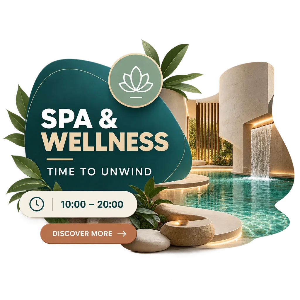 Redaktionelle Grafik zu Hotelservices mit Schwerpunkt auf dem Spa und den tagsüber verfügbaren Erlebnissen.