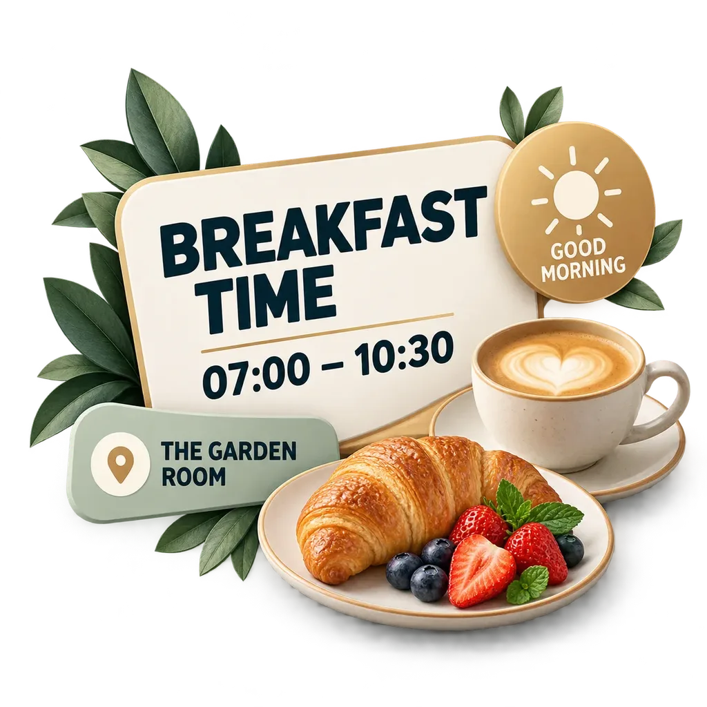 Redaktionelle Grafik zum Hotelfrühstück mit Uhrzeiten und nützlichen Informationen für Gäste am Morgen.