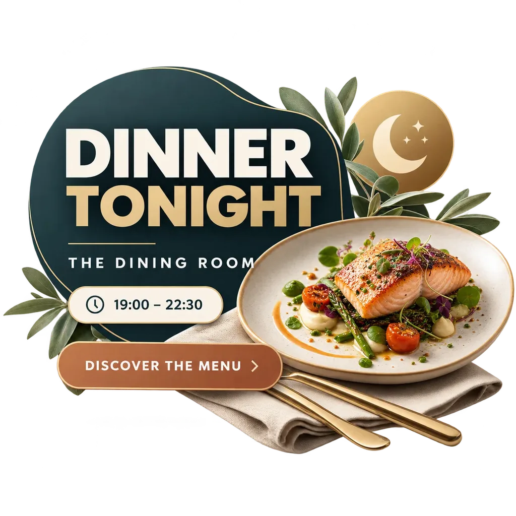 Redaktionelles Motiv eines Hotelrestaurants am Abend mit einem gastronomischen Angebot für Gäste.