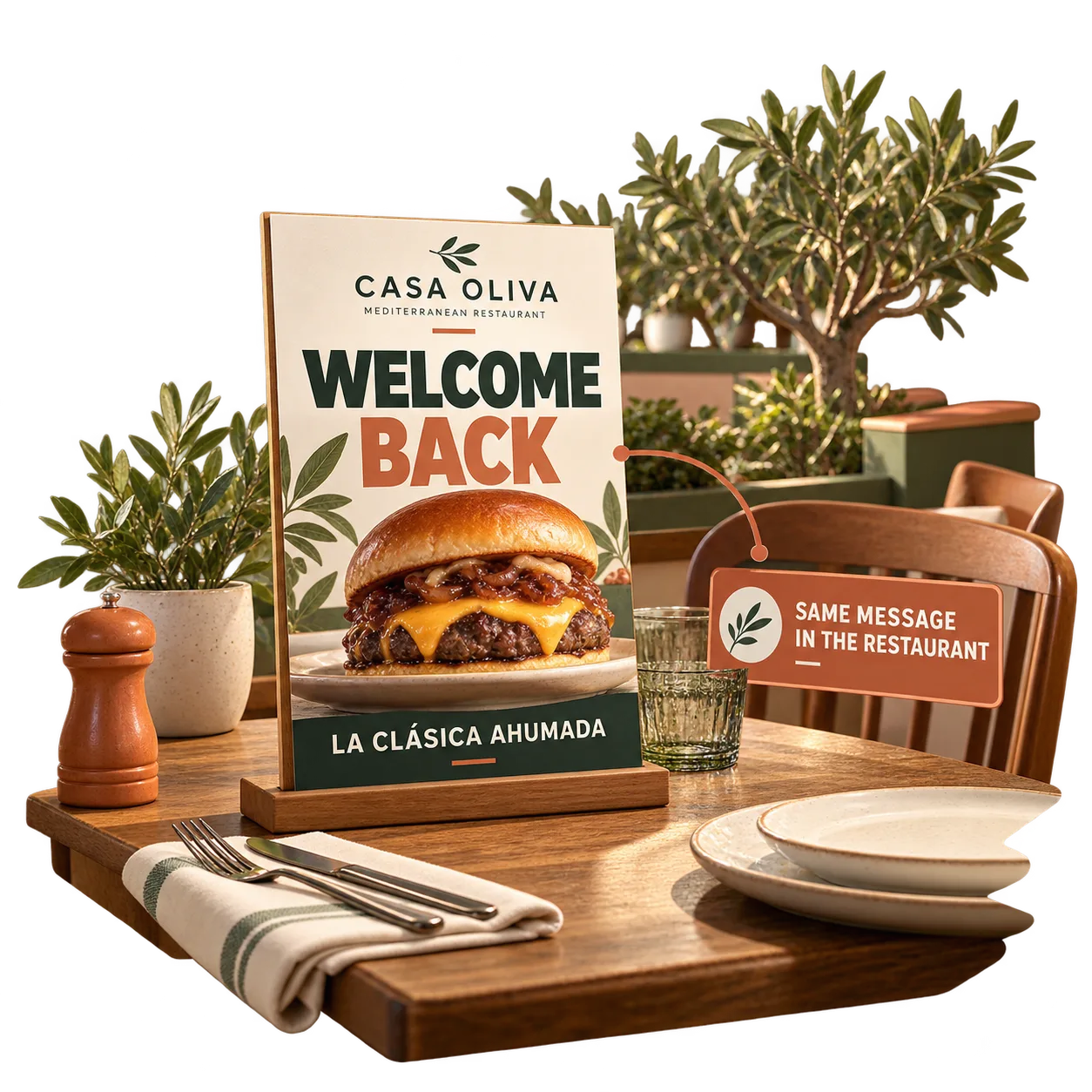 Fiktiver Innenraum von CASA OLIVA mit redaktionell gestalteter Kommunikation zur September-Rückkehrkampagne, die harmonisch in das Restaurantambiente integriert ist.