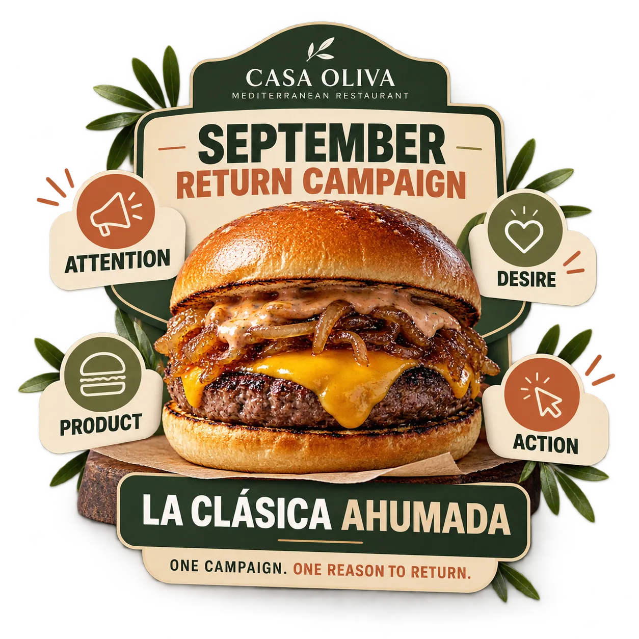 September-Rückkehrkampagne von CASA OLIVA mit La Clásica Ahumada, einem Burger aus Rindfleisch mit Cheddar, karamellisierten Zwiebeln und Rauchsoße.