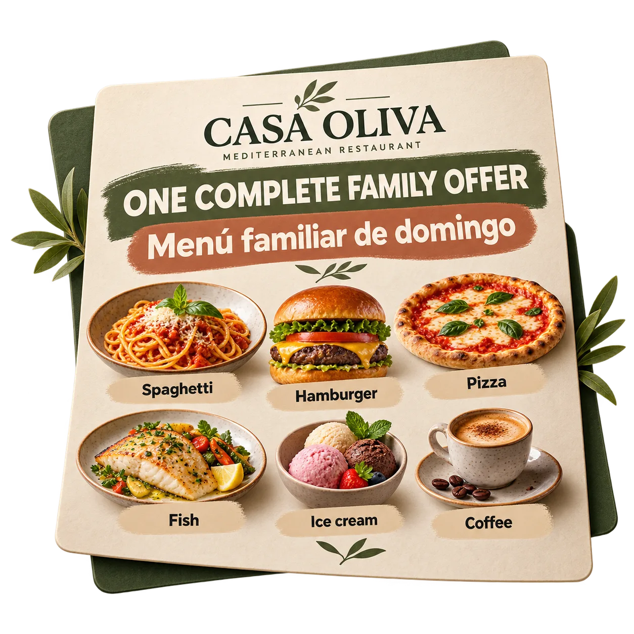 Redaktionelle Gestaltung von CASA OLIVA, die das Familienmenü am Sonntag als Gesamtangebot präsentiert und alle Gerichte unter einem gemeinsamen Titel zusammenfasst.