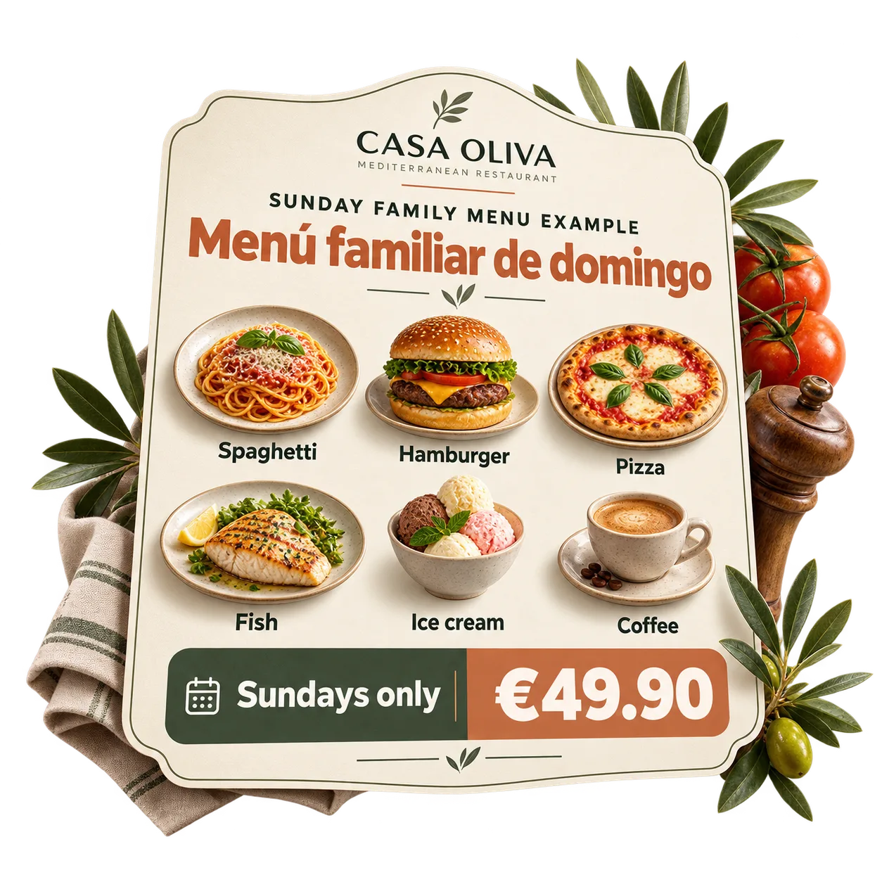 Redaktionelles Beispiel für das Sonntags-Familienmenü von CASA OLIVA mit den sechs freigegebenen Bestandteilen, einem Preis von 49,90 € und dem Hinweis „nur sonntags“.