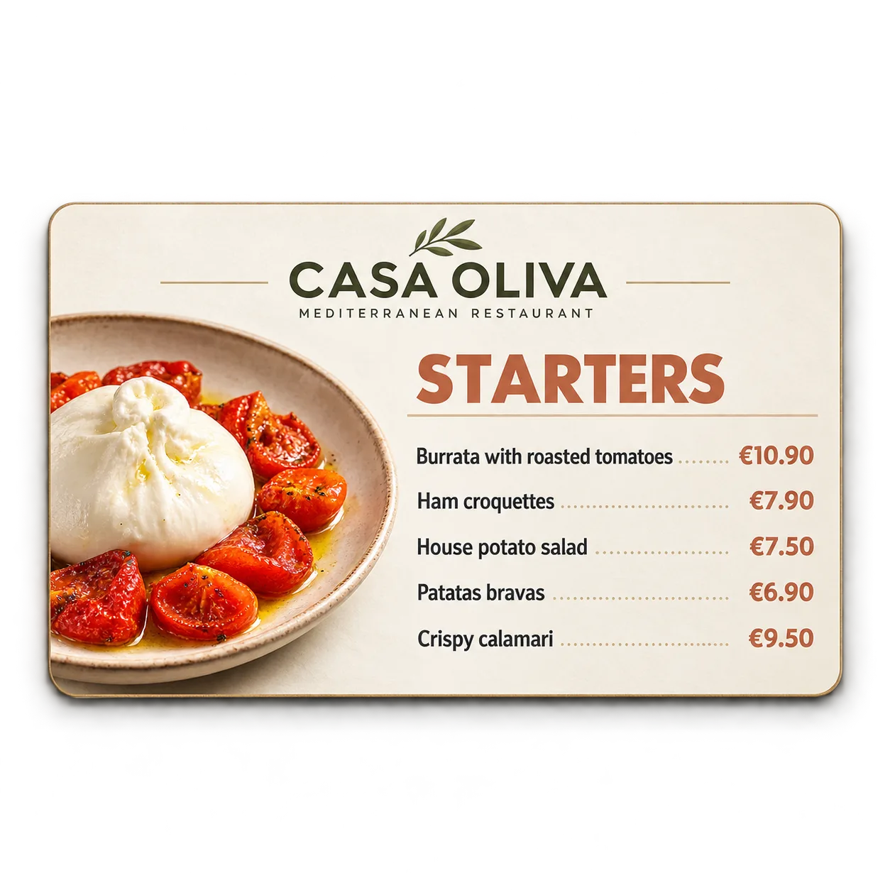 Digitale Speisekarte von CASA OLIVA mit einem Burrata-Foto neben einer übersichtlichen Liste von Vorspeisen und Preisen.