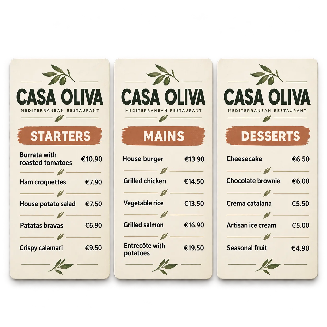 Drei Ansichten der digitalen Speisekarte von CASA OLIVA mit Vorspeisen, Hauptgerichten und Desserts sowie einheitlich angeordneten Gerichten und Preisen.