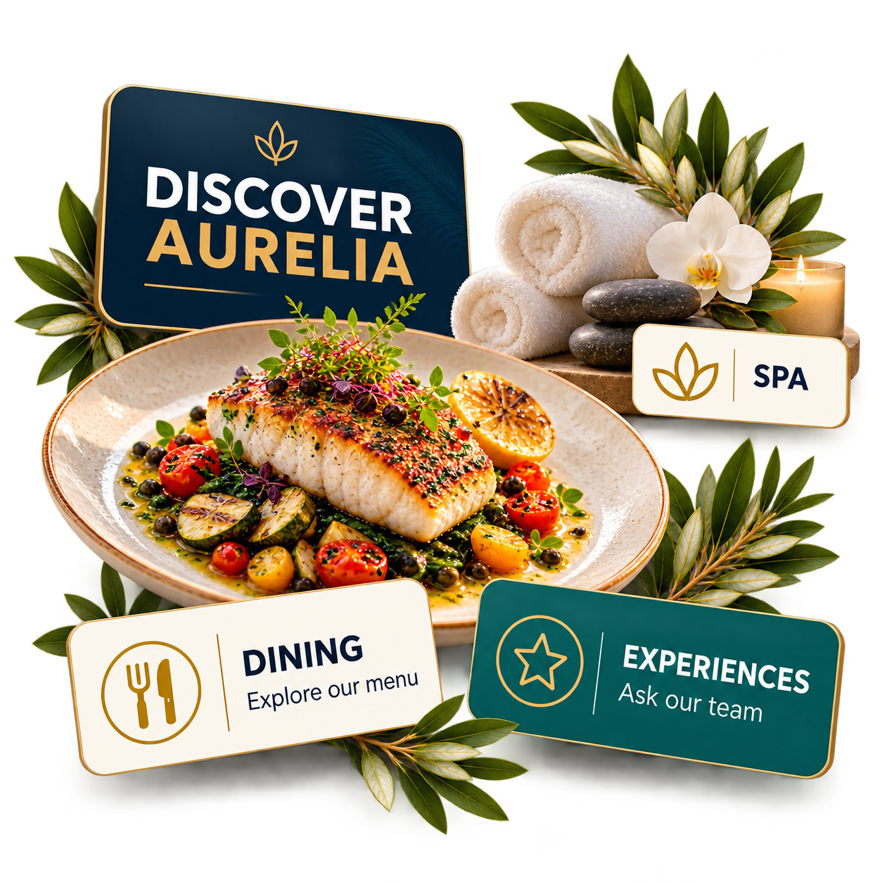 Werbemotiv für die Hotelrezeption mit Fotos und kurzen Botschaften zu Restaurant, Spa und Freizeitaktivitäten des Hotels.