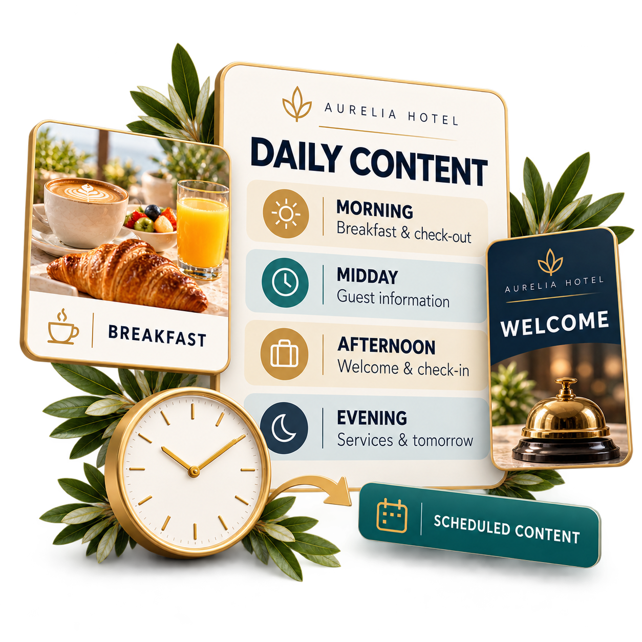 Redaktionsplan für Rezeptionsbildschirme mit vier Zeitfenstern und Beispielinhalten zu Frühstück, Hotelservices, Anreise und nächtlichem Gästeservice.