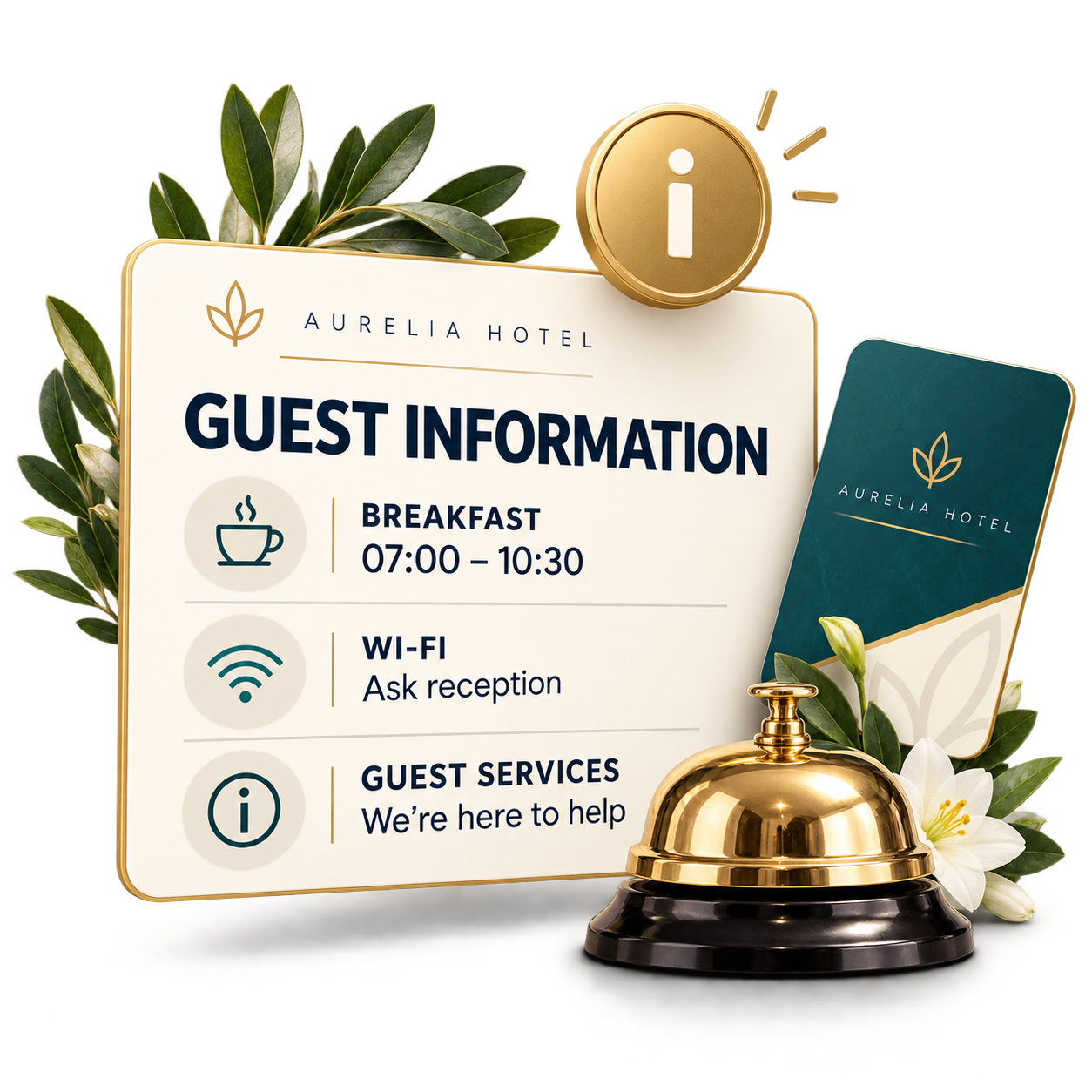 Informationsbildschirm für den Check-in mit Frühstückszeiten, Hinweisen zu den Hotelleistungen und kurzen Botschaften für Gäste am Empfang.