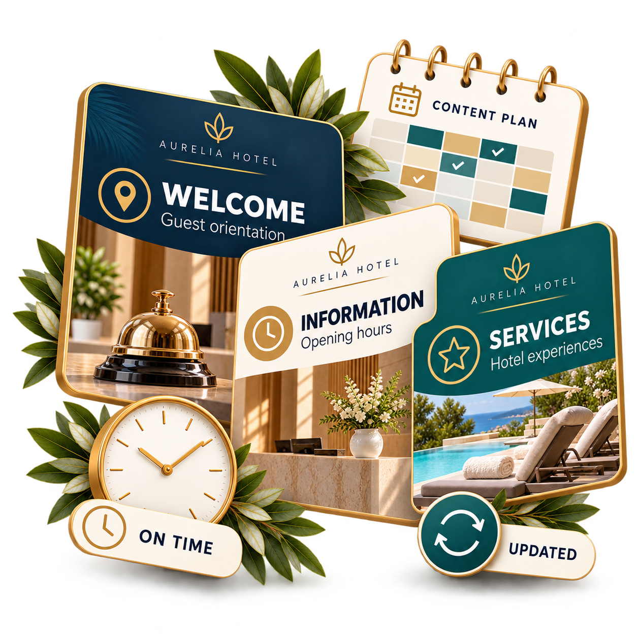 Illustration mit Karten für Begrüßung, Öffnungszeiten und Hotelservices neben einem Kalender zur zeitlichen Planung der Bildschirminhalte.