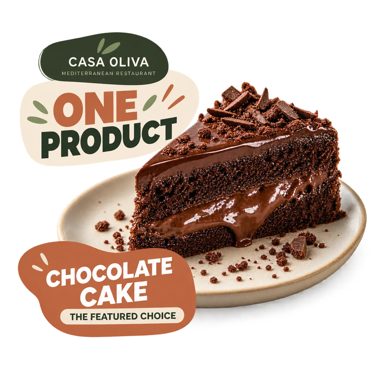 Stück Schokoladentorte mit cremigem Kern, ausgewählt als Hauptmotiv der Produktwerbung von CASA OLIVA.