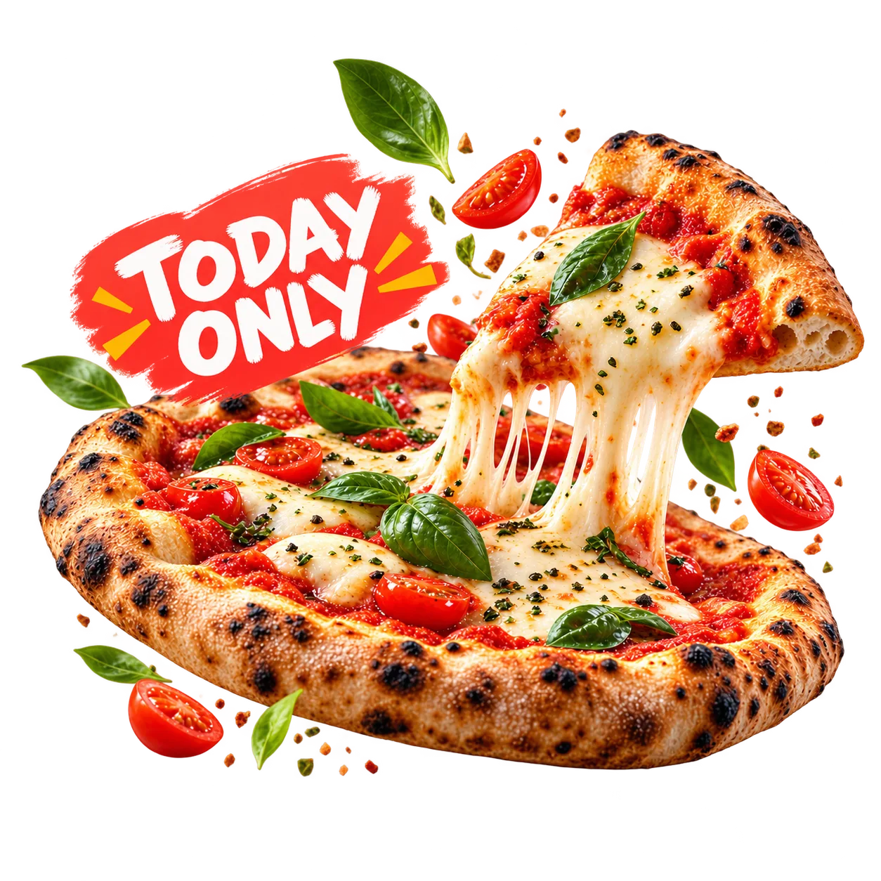 Hausgemachte Pizza mit einem kleinen Hinweis „Nur heute“