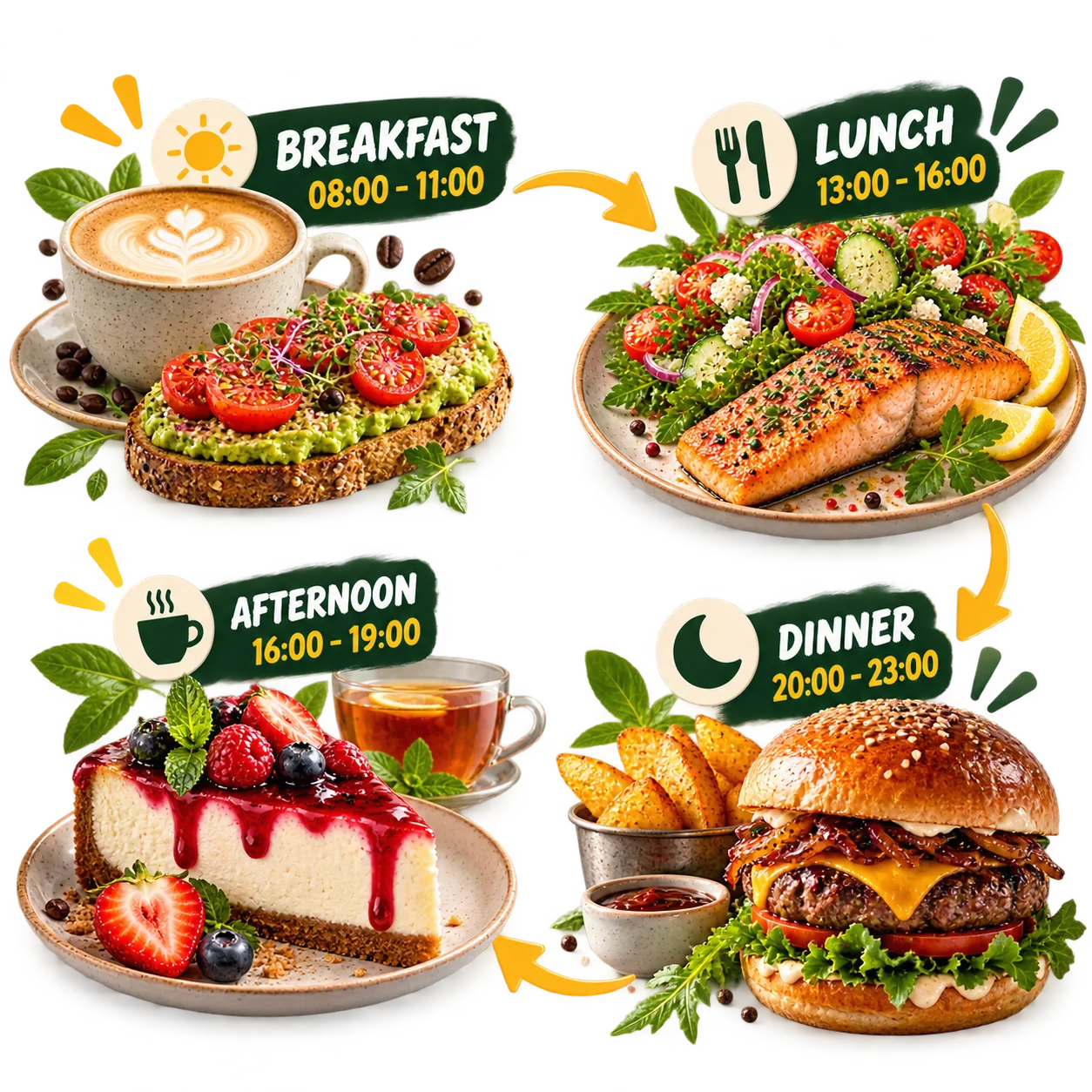 Vier Tageszeiten mit passenden Restaurantangeboten: Frühstück, Mittagessen, Nachmittag und Abendessen