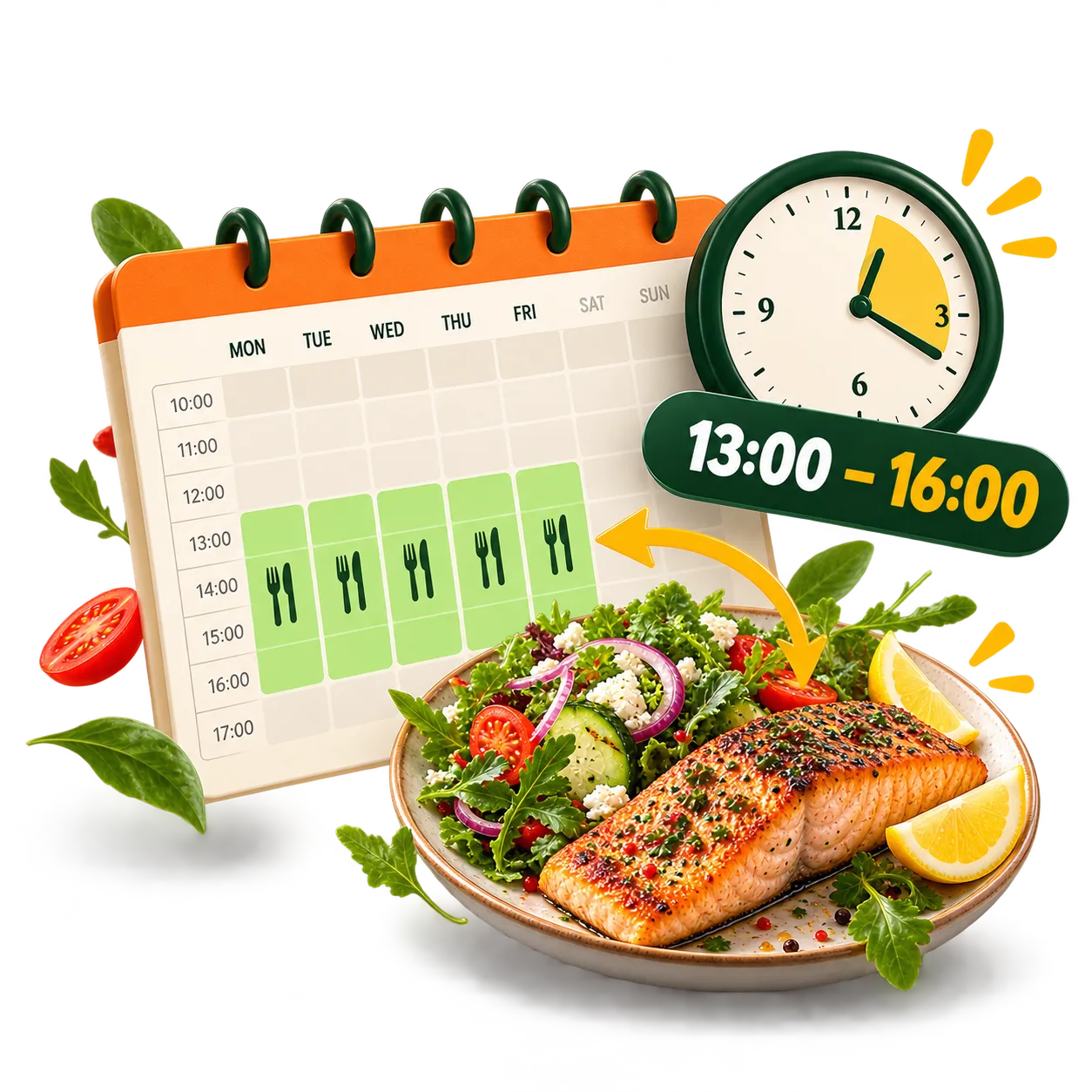 Kalender und Uhr zur zeitlichen Planung der Mittagsmenü-Werbung von 13:00 bis 16:00 Uhr