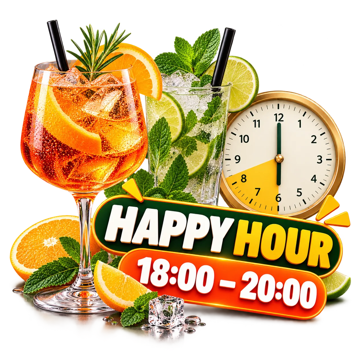 Happy-Hour-Cocktails mit der Zeitangabe 18:00–20:00 Uhr